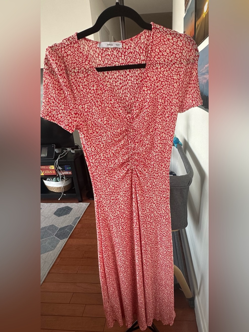 Mango Red and White Floral V‑Neck Twist Front Dress